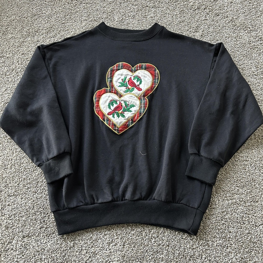 Vintage Nutcracker Sweatshirt Womens Small Black Cardinal Hearts Christmas